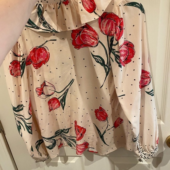 Warm / Botanical polka dot retro bow pink Floral Blouse High Neck Tie 0 XS - Picture 3 of 5